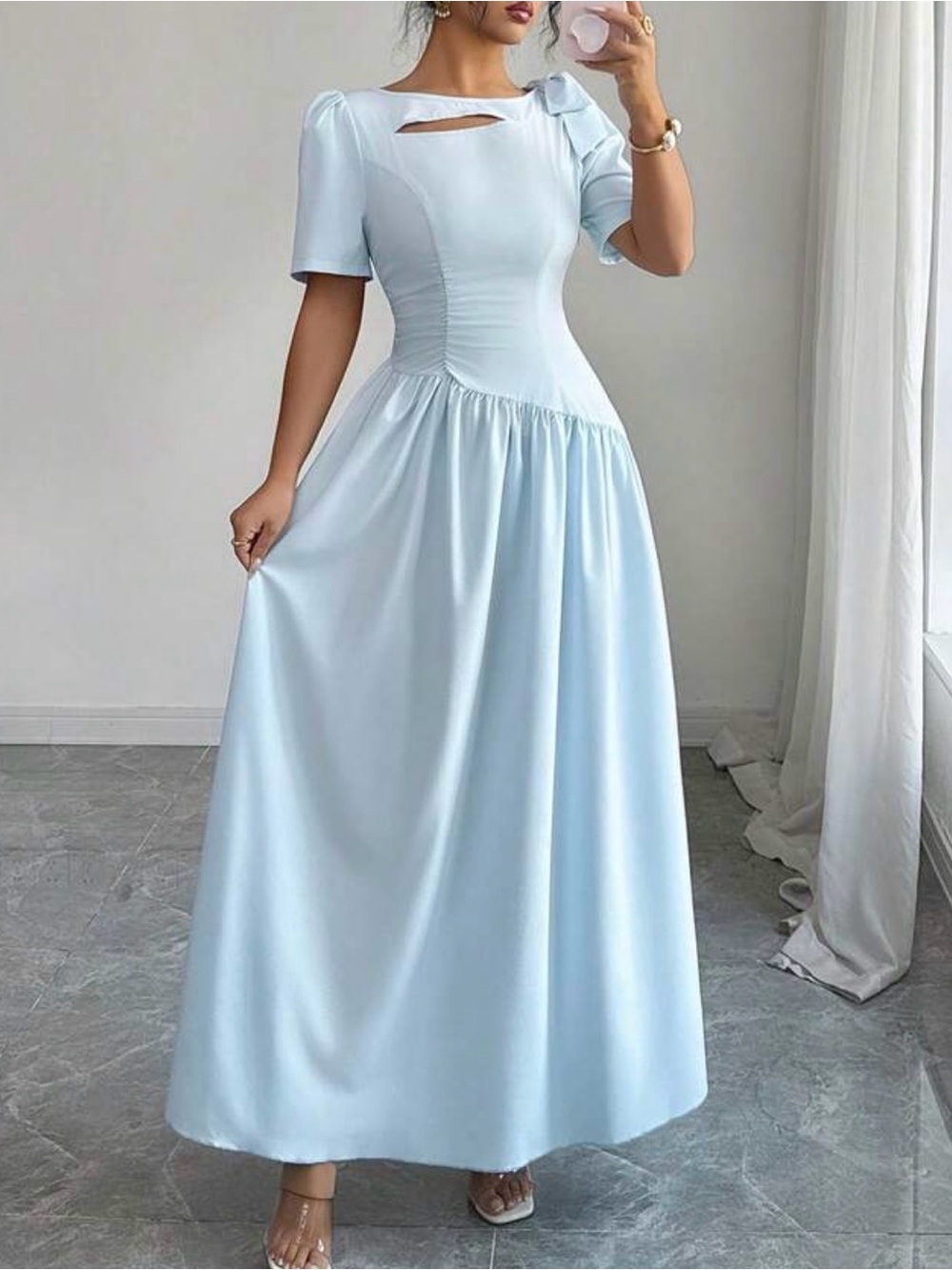 Light Blue Cutout Puff-Sleeve Maxi Dress